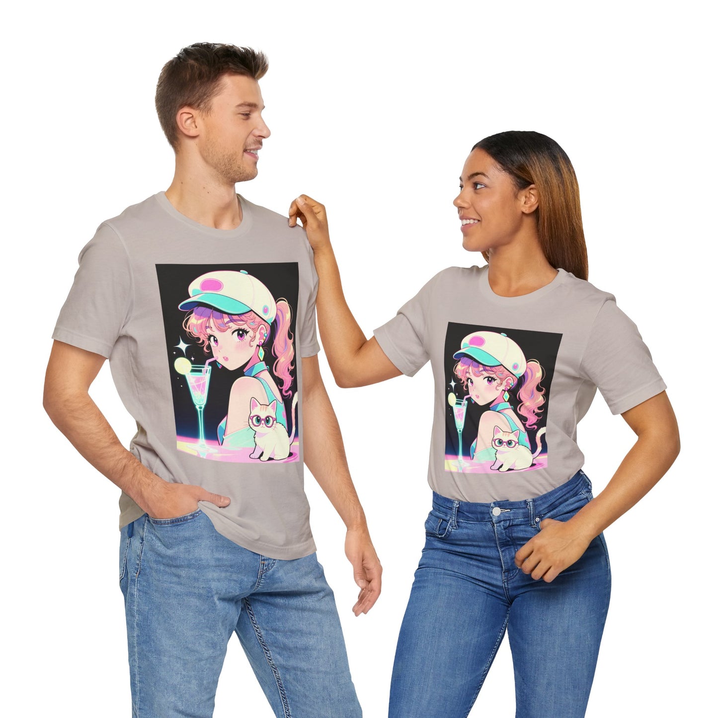 Retro Girl and Cat T Shirt Vaporwave Pastel Anime Shoujo Graphic Tee Neon Cocktail Aesthetic Kawaii Gift for Daughter or Dad Casual Streetwear