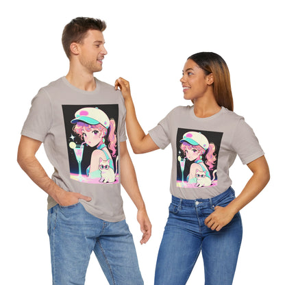 Retro Girl and Cat T Shirt Vaporwave Pastel Anime Shoujo Graphic Tee Neon Cocktail Aesthetic Kawaii Gift for Daughter or Dad Casual Streetwear