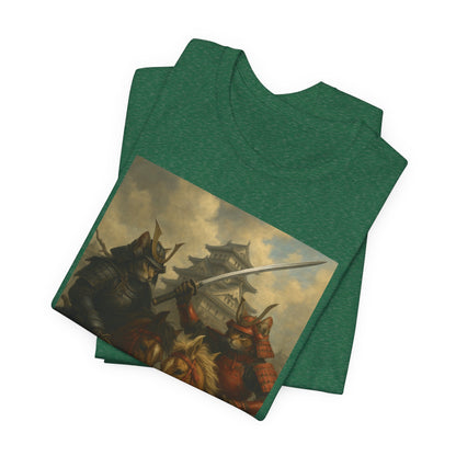 Epic Cat Samurai Battle Tee - War Horses Clash in Front of Japanese Castle  Feline Warrior Art Shirt for Fantasy & Japan Lovers