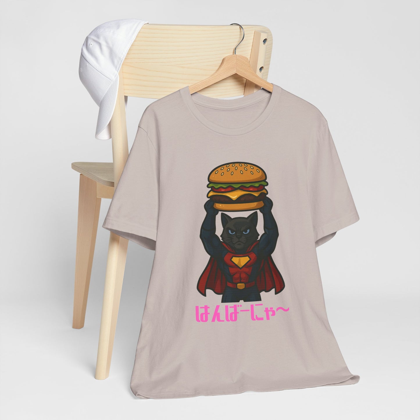 Superhero Cat Holding Cheeseburger T-Shirt - Funny Comic Style Tee for Burger Lovers - Unique Hero Cat Graphic Shirt - Unisex Gift