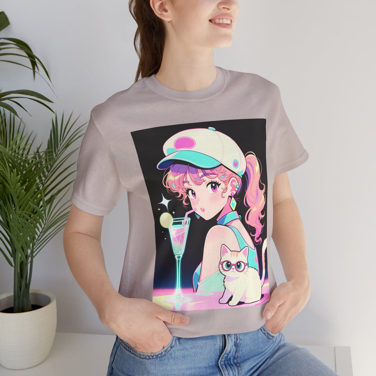 Retro Girl and Cat T Shirt Vaporwave Pastel Anime Shoujo Graphic Tee Neon Cocktail Aesthetic Kawaii Gift for Daughter or Dad Casual Streetwear