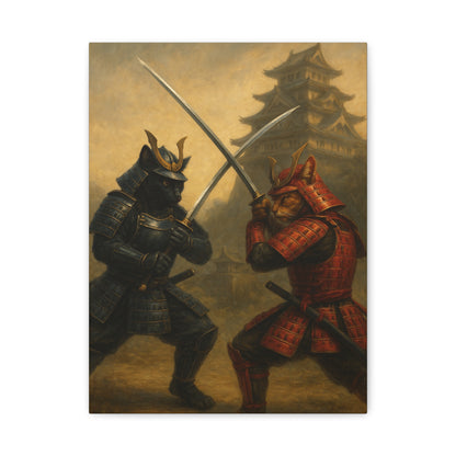 Samurai Cat Duel Canvas Japanese Castle Warrior Cats Wall Art Sengoku Era Painting Japan Inspired Gift for Cat Lovers and Dad