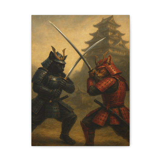 Samurai Cat Duel Canvas Japanese Castle Warrior Cats Wall Art Sengoku Era Painting Japan Inspired Gift for Cat Lovers and Dad