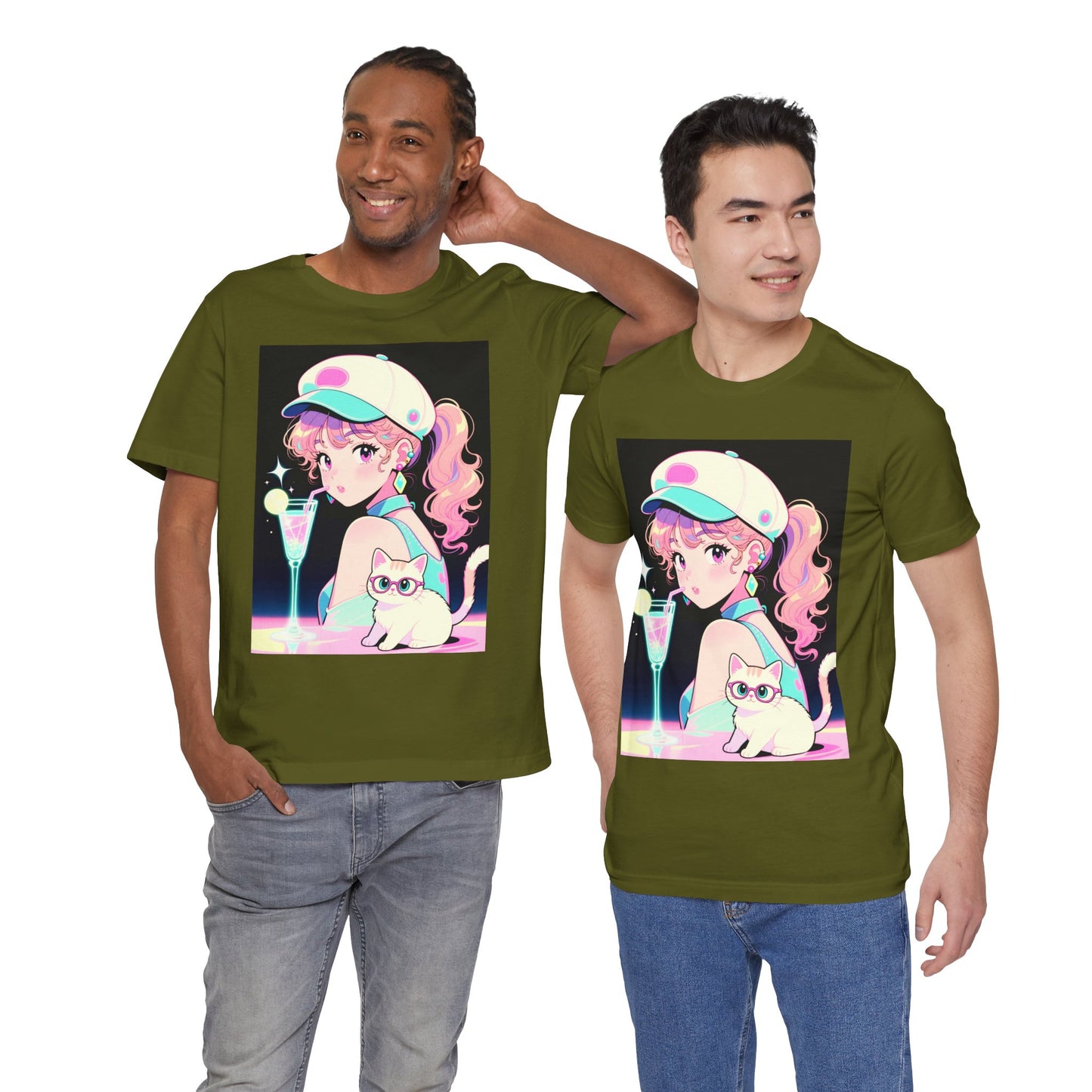 Retro Girl and Cat T Shirt Vaporwave Pastel Anime Shoujo Graphic Tee Neon Cocktail Aesthetic Kawaii Gift for Daughter or Dad Casual Streetwear