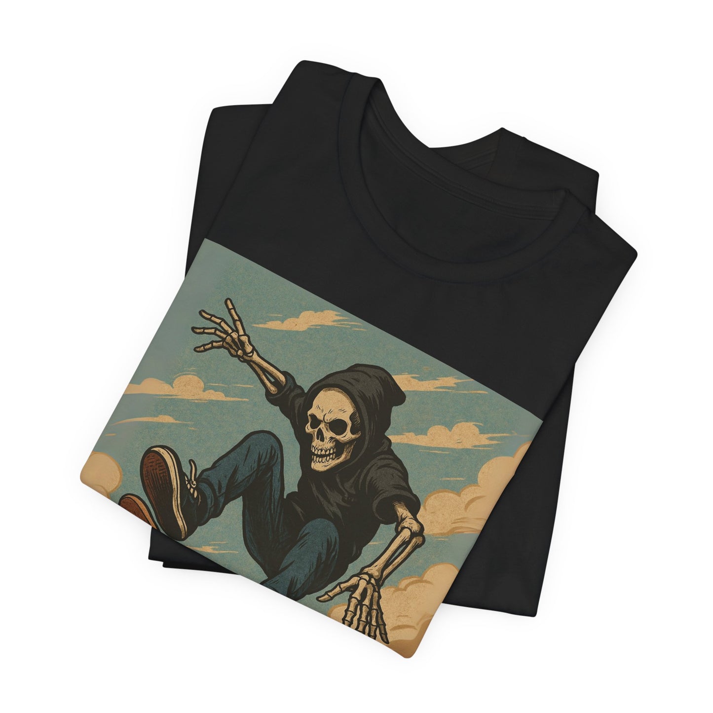 Skater Skeleton Hoodie Graphic Tee - Bold Comic Art Shirt for Men and Women - Colorful Streetwear T-Shirt for Skull and Skate Lovers