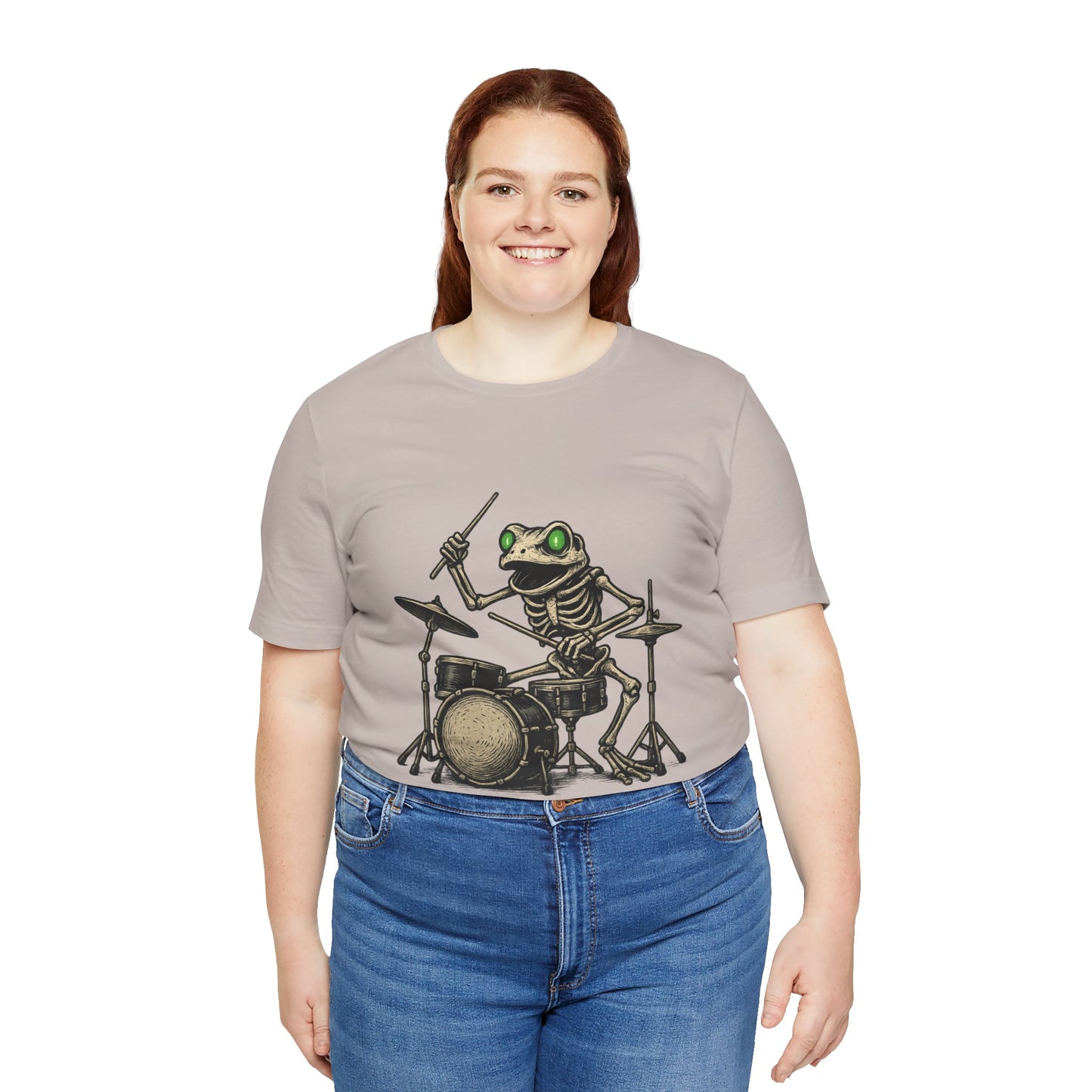 Skeleton Frog Drummer Shirt with Glowing Green Eyes Rock Band Art Tee for Musicians Frog Lovers Halloween and Concert Wear