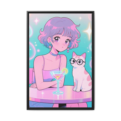 Anime Girl and Cat Canvas Pastel Neon Retro Shoujo Wall Art Kawaii Cocktail Aesthetic Gift for Daughter or Dad