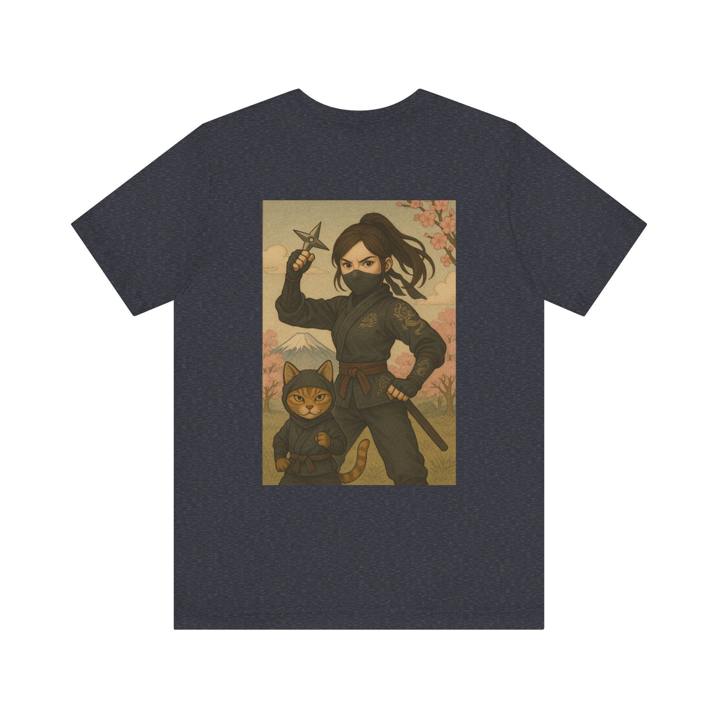 Ninja and Cat T-Shirt - Female Ninja in Black Outfit with Shuriken-Japanese Samurai Style, Mount Fuji, Cherry Blossoms-Cool Unisex Anime Tee
