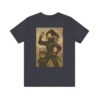 Ninja and Cat T-Shirt - Female Ninja in Black Outfit with Shuriken-Japanese Samurai Style, Mount Fuji, Cherry Blossoms-Cool Unisex Anime Tee