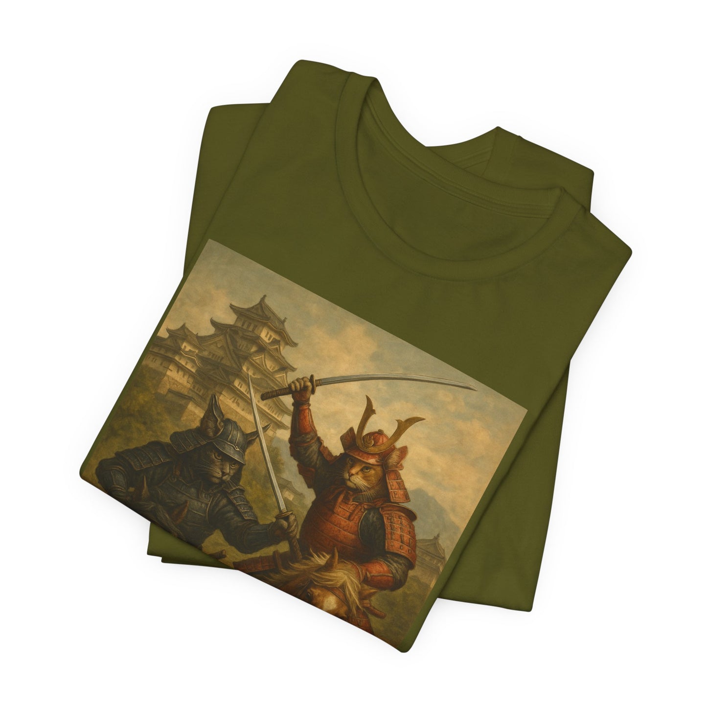 Epic Cat Samurai Battle Tee - War Horses Clash in Front of Japanese Castle  Feline Warrior Art Shirt for Fantasy & Japan Lovers