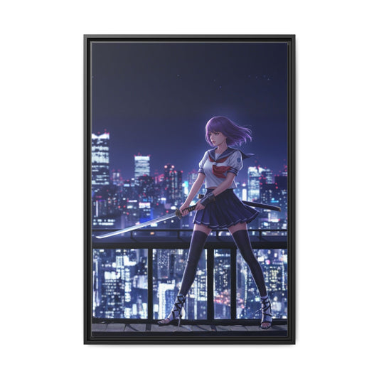 Anime Warrior Girl Canvas Tokyo Night Skyline Katana Wall Art Futuristic Heroine Gift for Daughter or Dad Gaming Room Decor