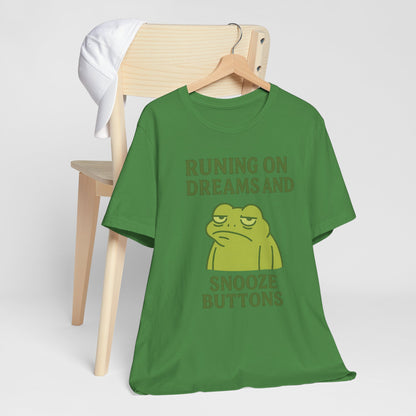 Running on Dreams and Snooze Buttons Shirt Sleepy Frog Tee Funny Night Owl Top Great Dad Gift Cozy Loungewear Aesthetic