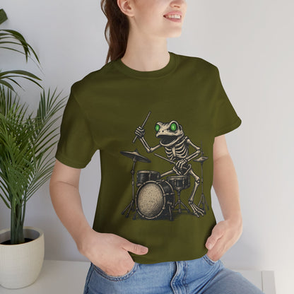 Skeleton Frog Drummer Shirt with Glowing Green Eyes Rock Band Art Tee for Musicians Frog Lovers Halloween and Concert Wear