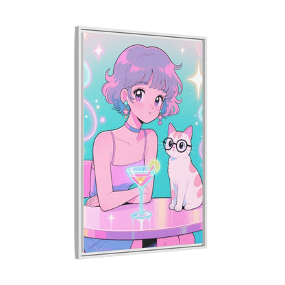 Anime Girl and Cat Canvas Pastel Neon Retro Shoujo Wall Art Kawaii Cocktail Aesthetic Gift for Daughter or Dad