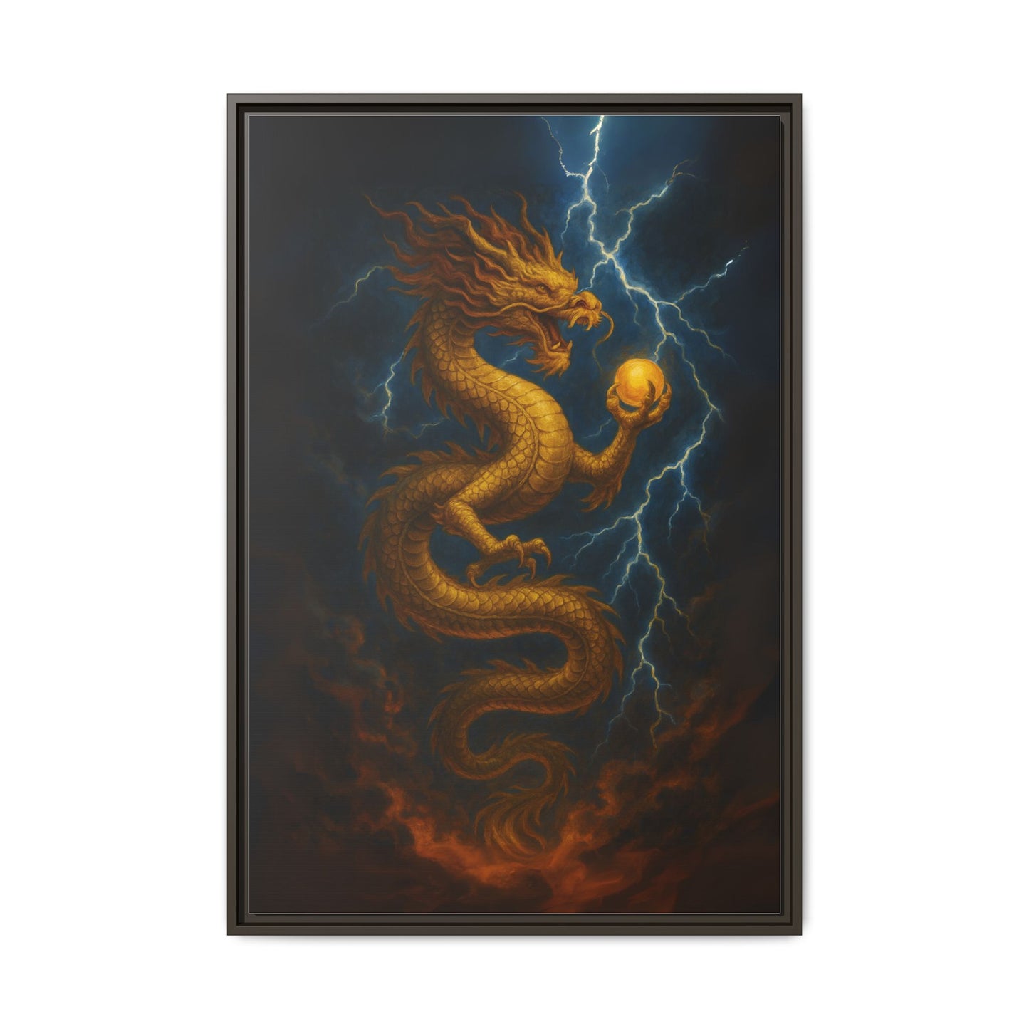 Golden Dragon Canvas Feng Shui Wall Art Lightning Storm Dragon with Pearl Good Luck Decor Gift for Dad Office Living Room