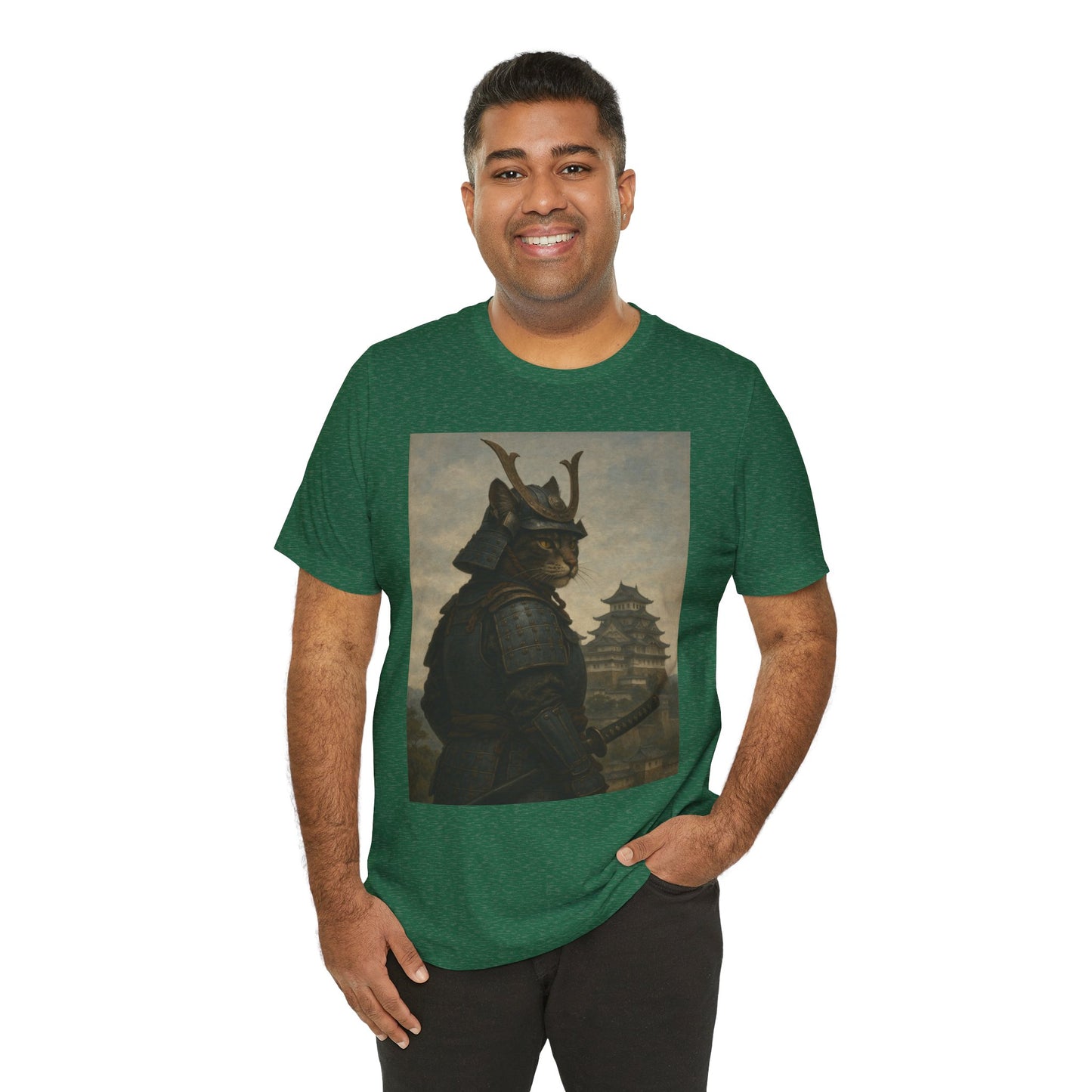 Cat Samurai Vigil Tee | Armored Feline Warrior w/ Castle Backdrop | Japanese Art Unisex Shirt