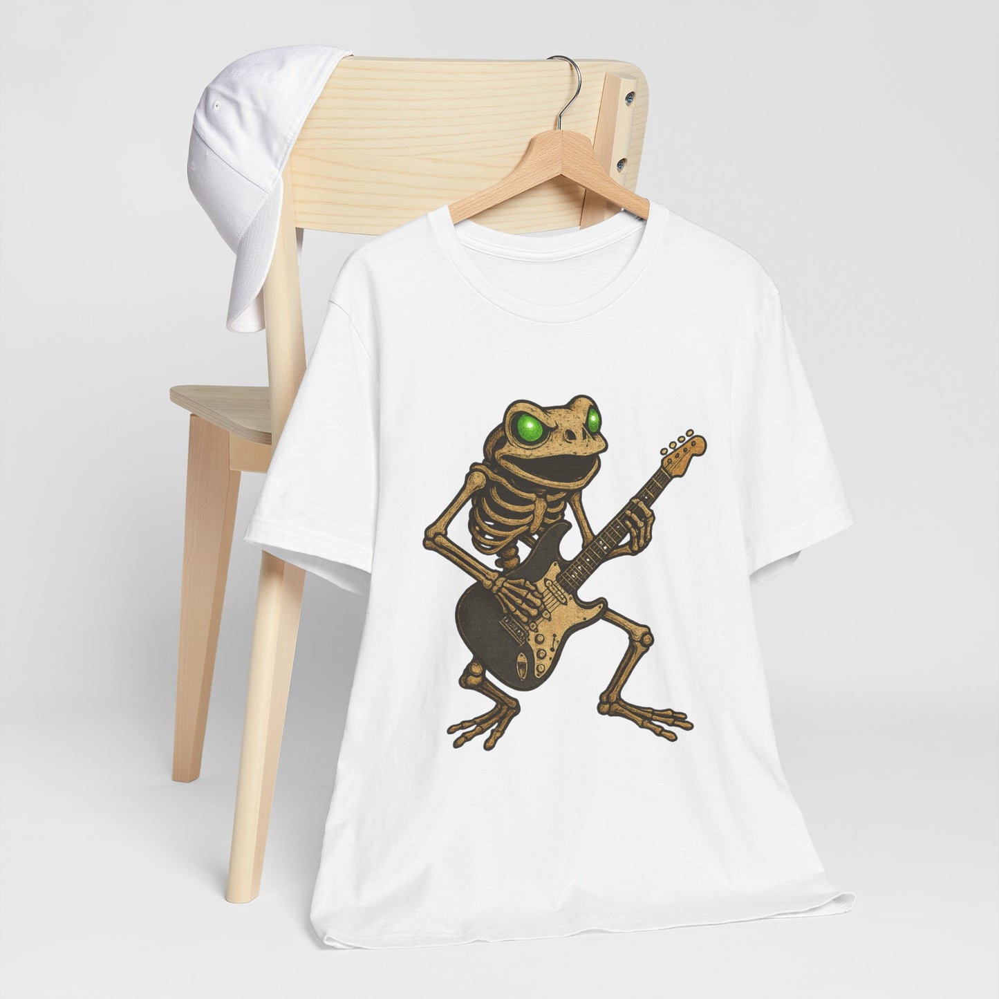 Skeleton Frog Shredding Electric Guitar Tee - Glowing Green Eyes Rock Art Shirt for Musicians Frog Lovers and Gothic Punk Style
