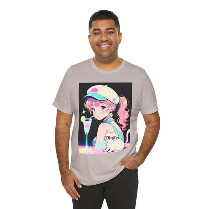 Retro Girl and Cat T Shirt Vaporwave Pastel Anime Shoujo Graphic Tee Neon Cocktail Aesthetic Kawaii Gift for Daughter or Dad Casual Streetwear