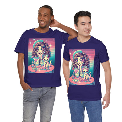 Retro Girl and Cat Graphic Tee Vaporwave Pastel Aesthetic Cocktail Lounge 80s Inspired Shoujo Style T Shirt Gift for Daughter or Dad