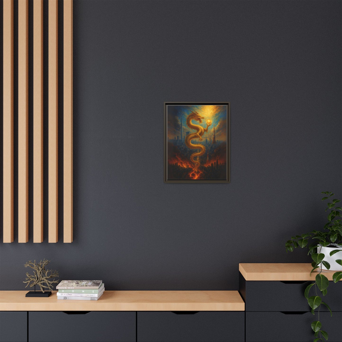 Neo Tokyo Golden Dragon Canvas Wall Art Japan Inspired Skyline Painting Feng Shui Good Luck Decor Dragon Pearl Gift for Dad