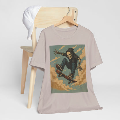 Skater Skeleton Hoodie Graphic Tee - Bold Comic Art Shirt for Men and Women - Colorful Streetwear T-Shirt for Skull and Skate Lovers