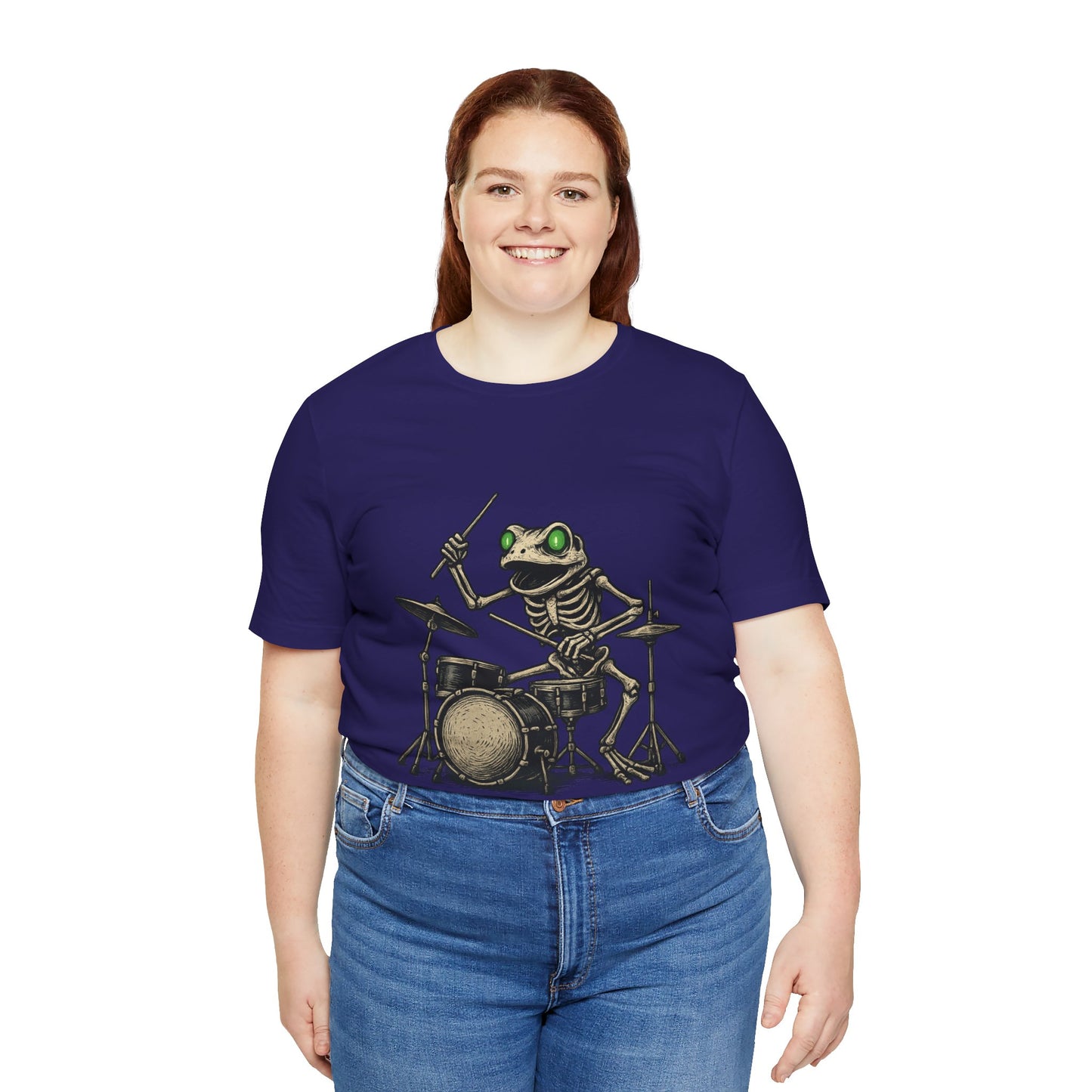 Skeleton Frog Drummer Shirt with Glowing Green Eyes Rock Band Art Tee for Musicians Frog Lovers Halloween and Concert Wear