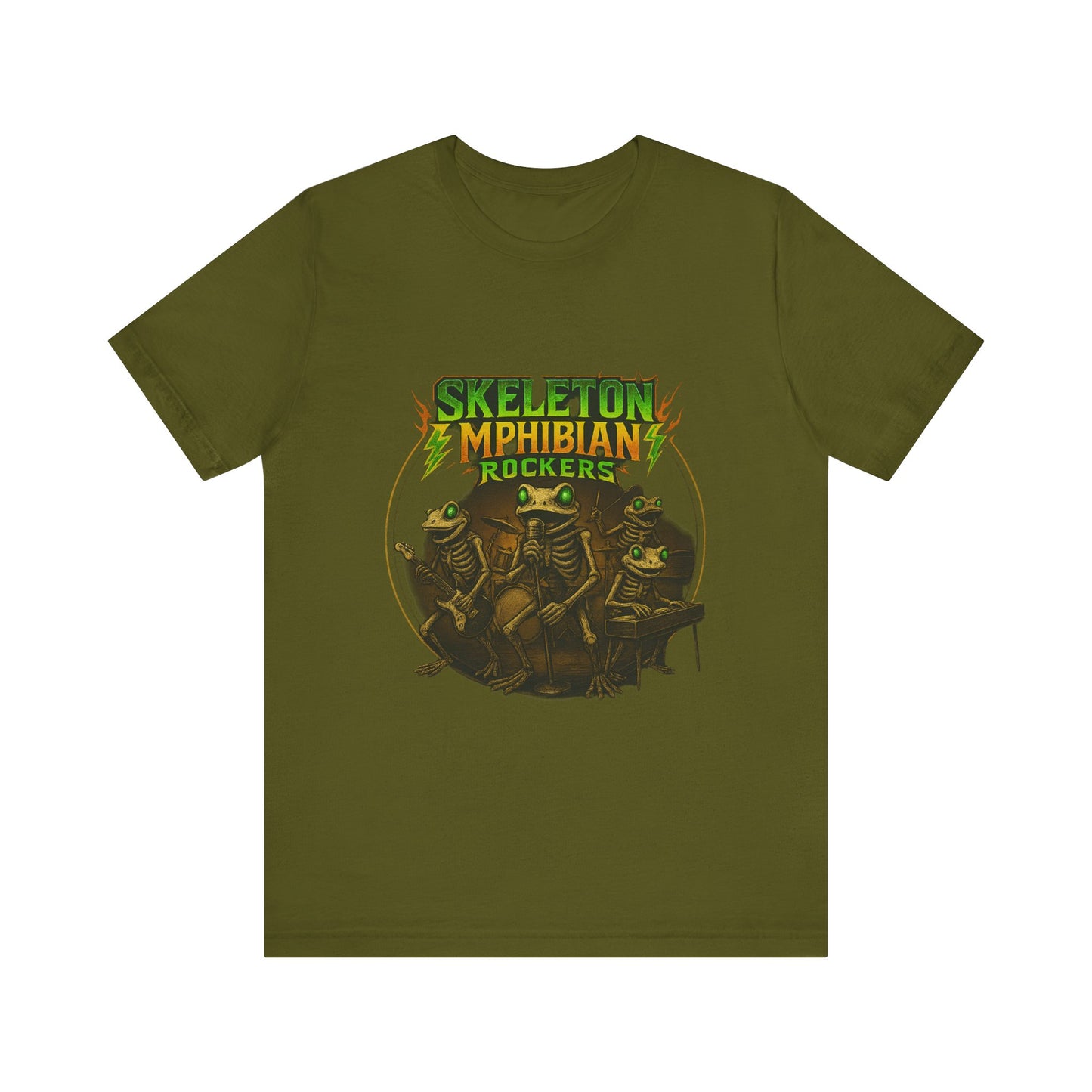 Skeleton Amphibian Rockers Album Cover Tee - Green Eyed Skeleton Frog Band Vocal Guitar Piano Drums Rock Art Shirt
