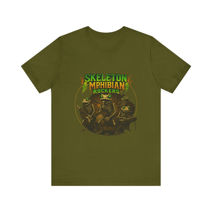 Skeleton Amphibian Rockers Album Cover Tee - Green Eyed Skeleton Frog Band Vocal Guitar Piano Drums Rock Art Shirt