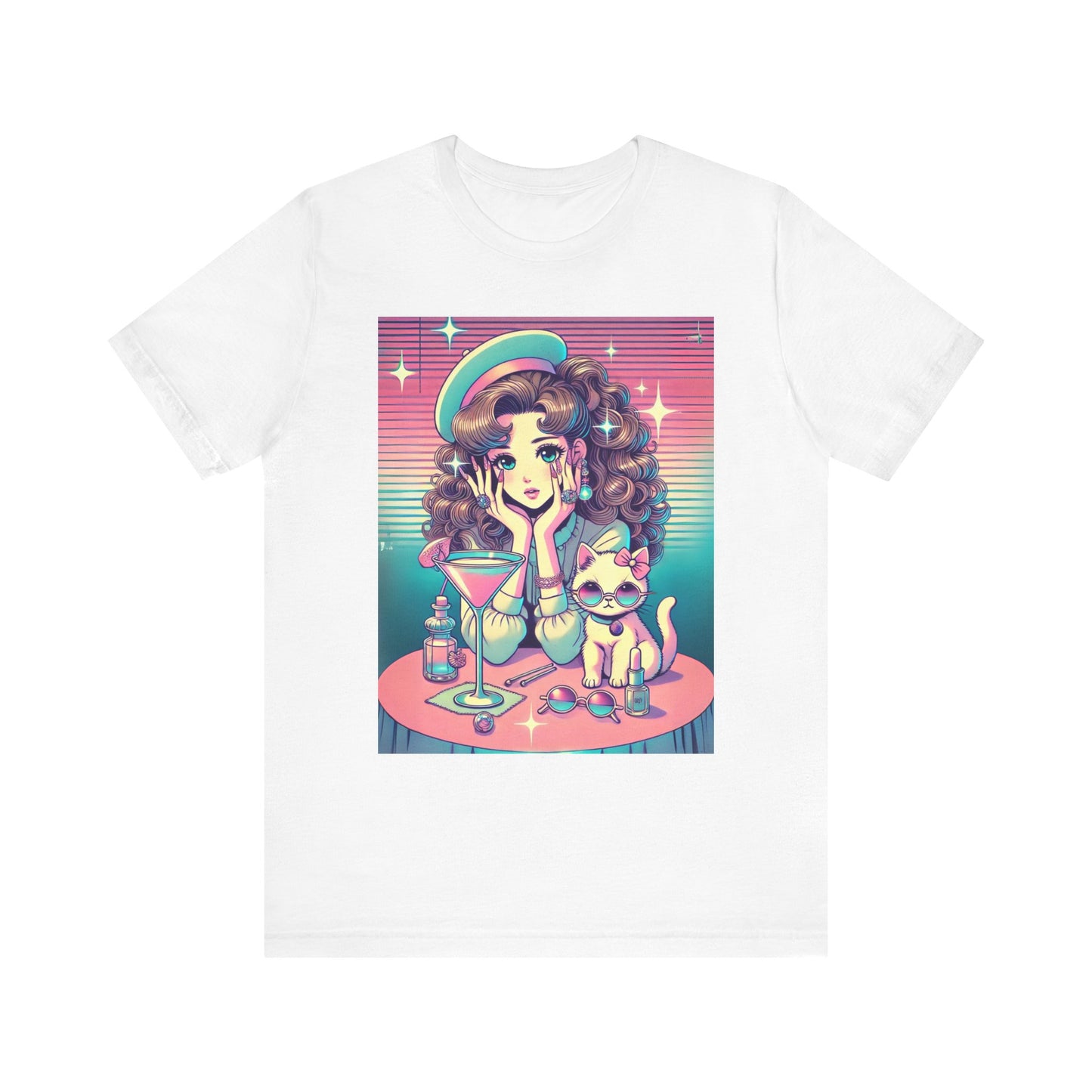 Retro Girl and Cat Graphic Tee Vaporwave Pastel Aesthetic Cocktail Lounge 80s Inspired Shoujo Style T Shirt Gift for Daughter or Dad