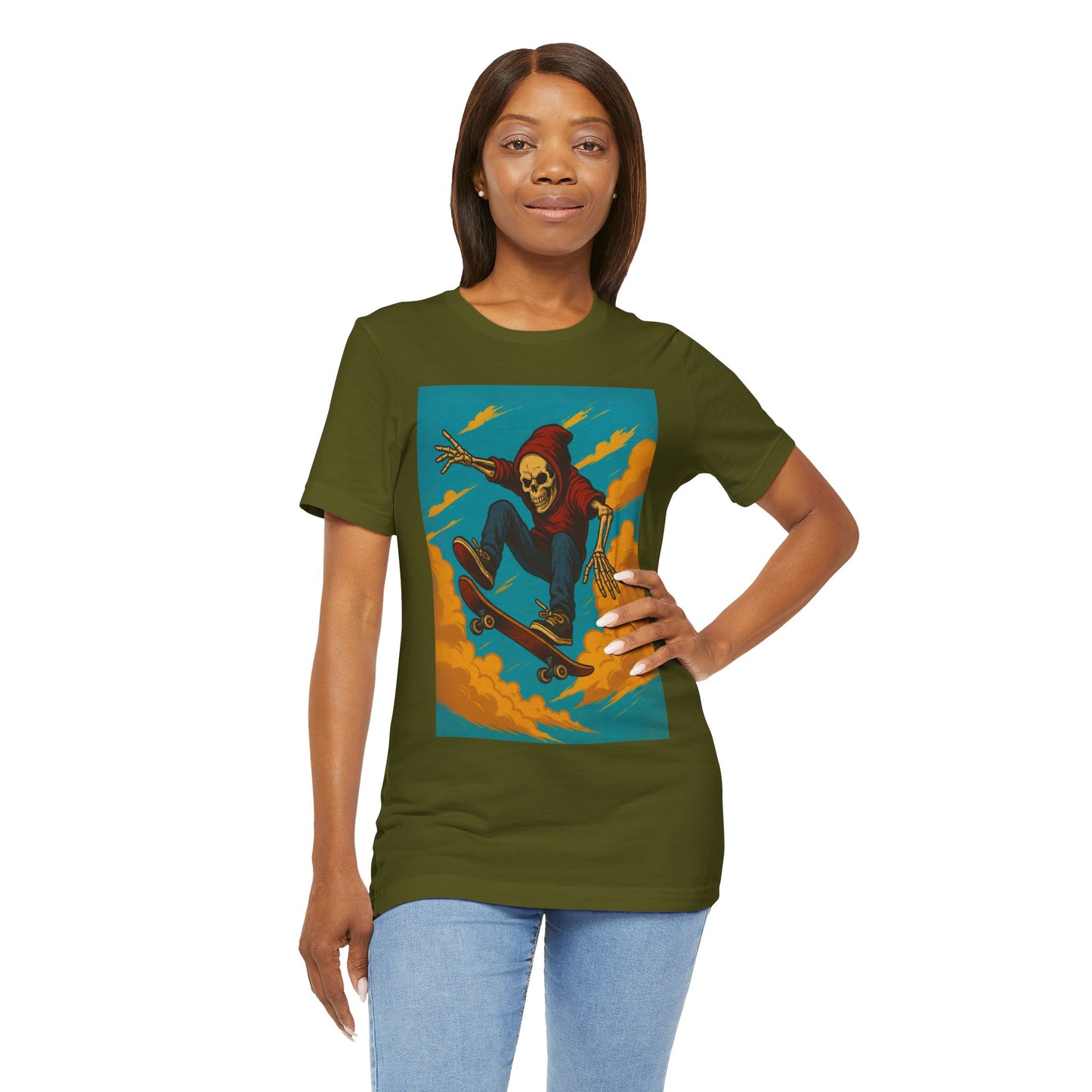 Skater Skeleton Hoodie Graphic Tee - Bold Comic Art Shirt for Men and Women - Colorful Streetwear T-Shirt for Skull and Skate Lovers