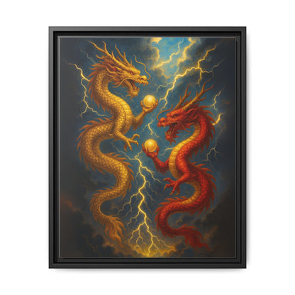 Golden and Red Twin Dragons Canvas Feng Shui Wall Art Lightning Storm Dragon Pearl Good Luck Decor Gift for Dad Living Room