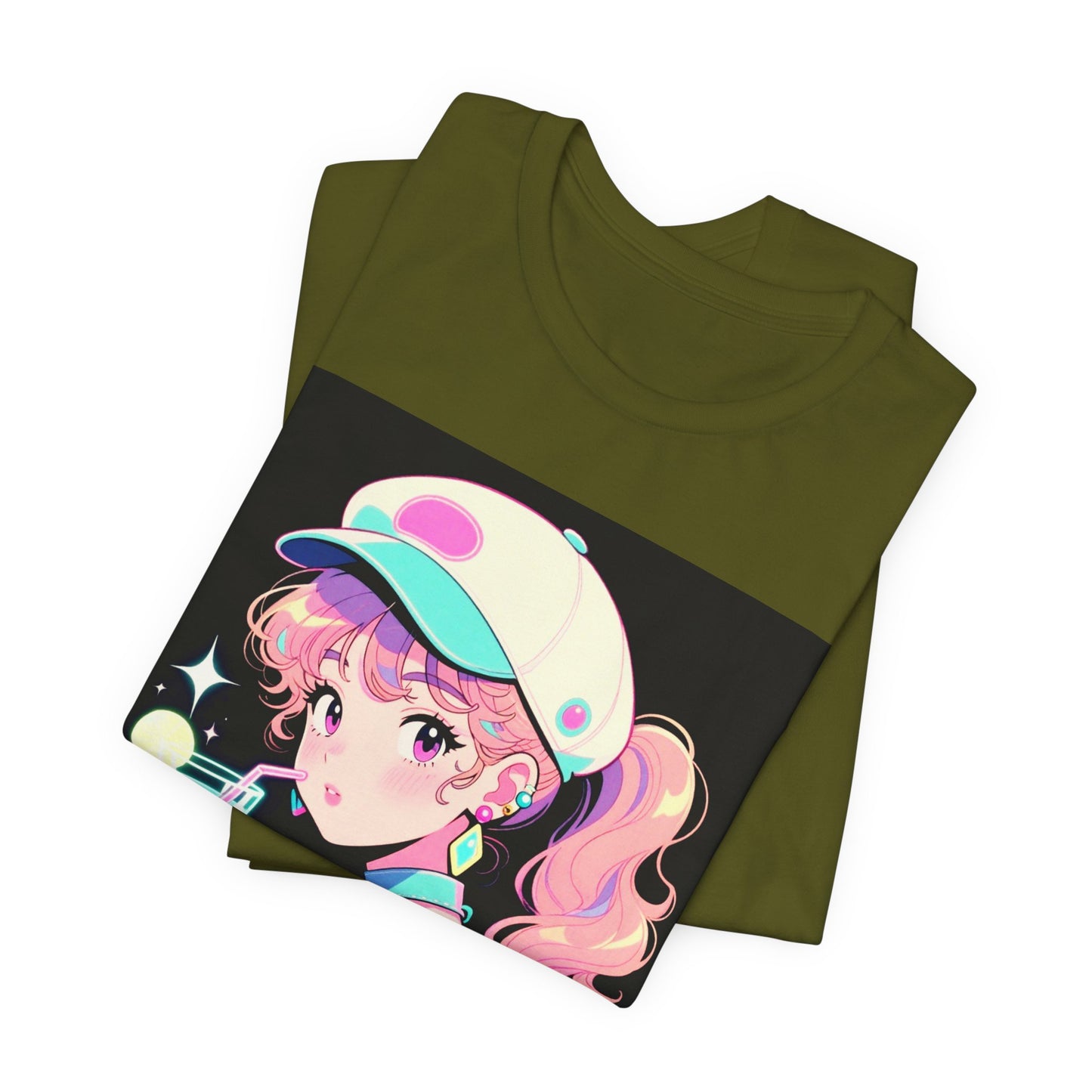 Retro Girl and Cat T Shirt Vaporwave Pastel Anime Shoujo Graphic Tee Neon Cocktail Aesthetic Kawaii Gift for Daughter or Dad Casual Streetwear