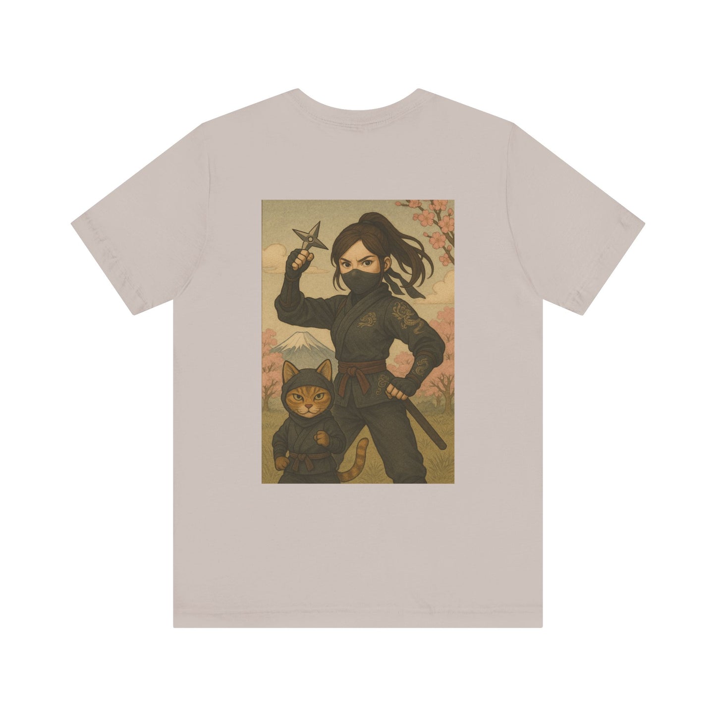 Ninja and Cat T-Shirt - Female Ninja in Black Outfit with Shuriken-Japanese Samurai Style, Mount Fuji, Cherry Blossoms-Cool Unisex Anime Tee