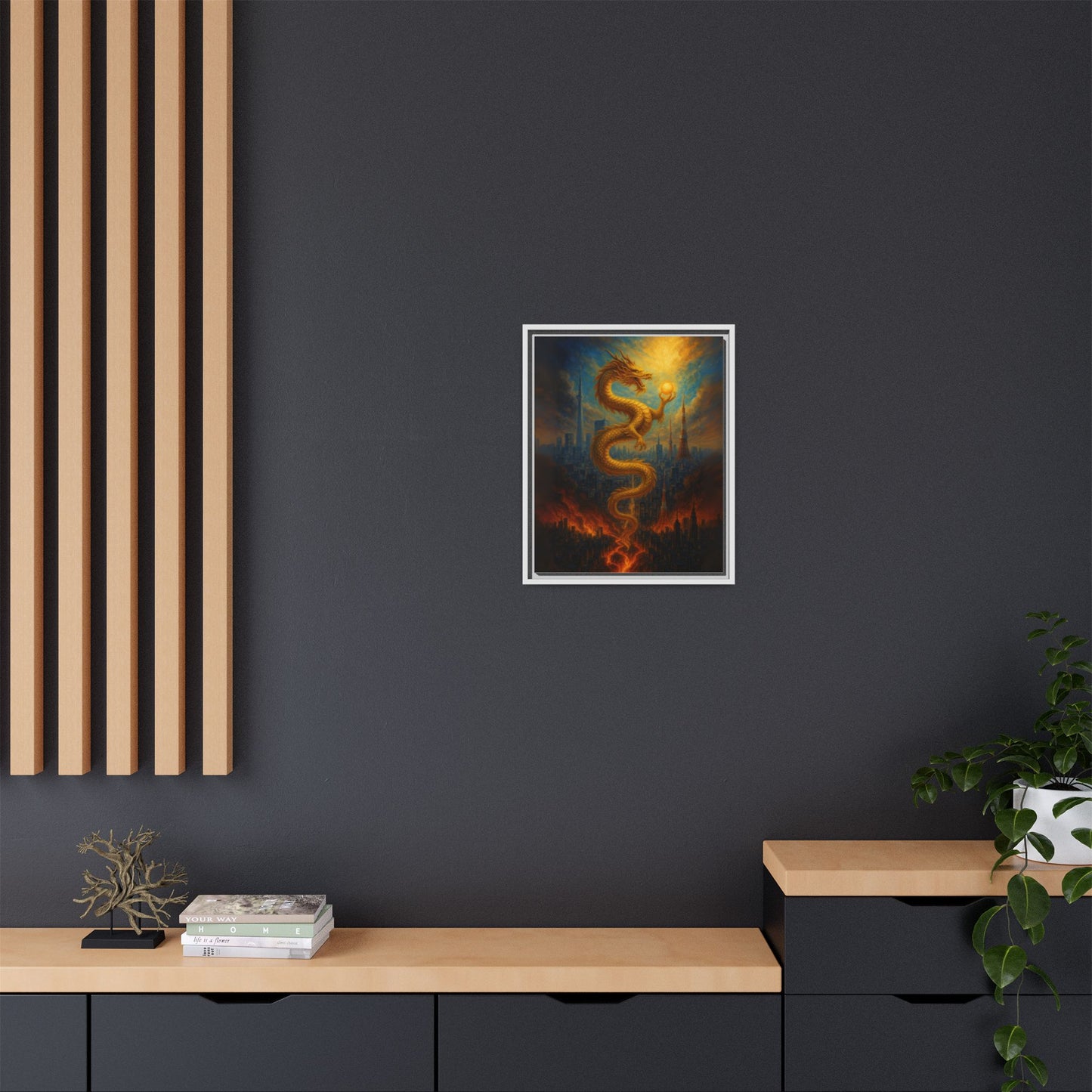 Neo Tokyo Golden Dragon Canvas Wall Art Japan Inspired Skyline Painting Feng Shui Good Luck Decor Dragon Pearl Gift for Dad