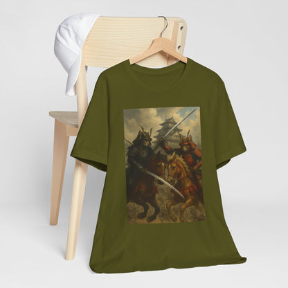 Epic Cat Samurai Battle Tee - War Horses Clash in Front of Japanese Castle  Feline Warrior Art Shirt for Fantasy & Japan Lovers