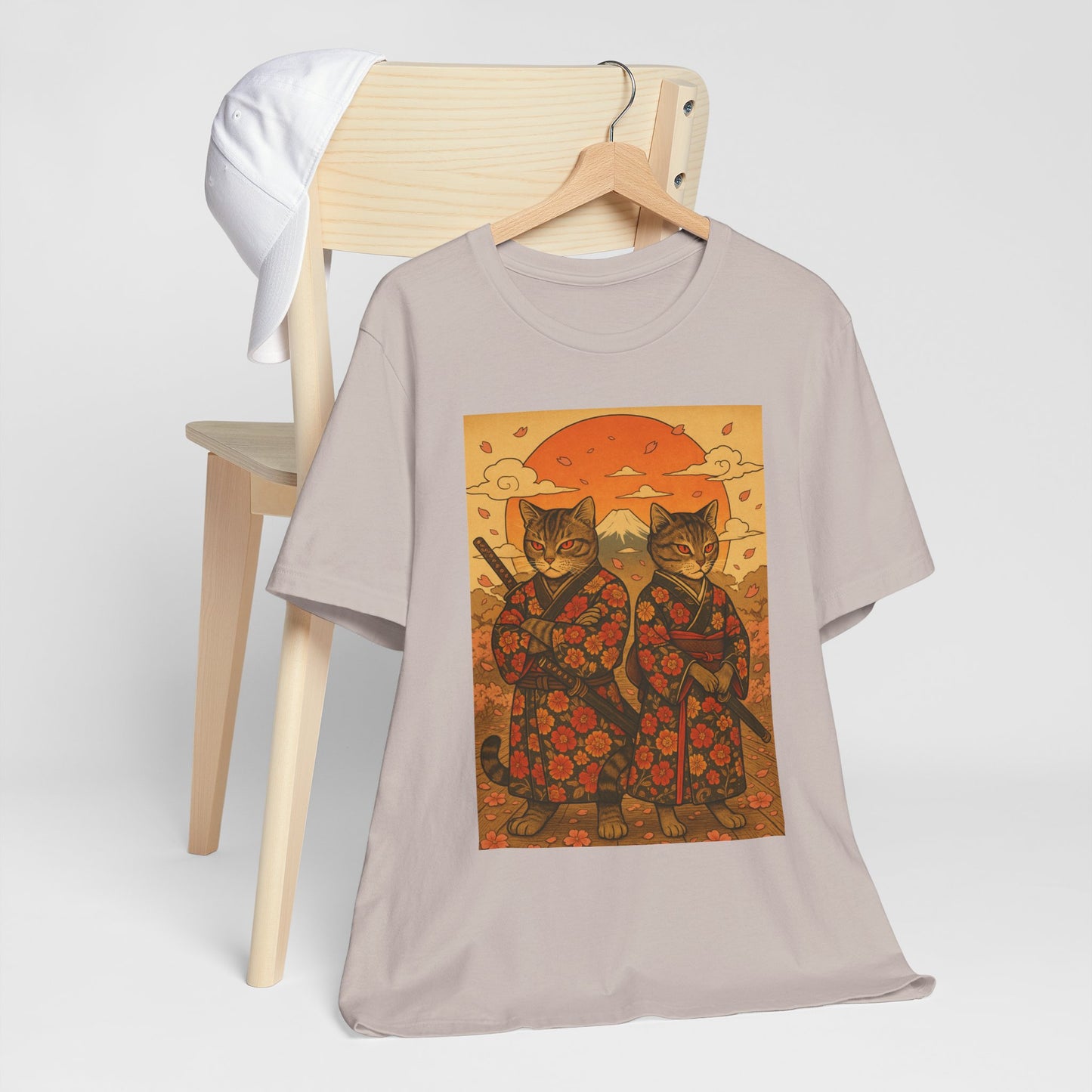 Samurai Cat T-Shirt - Floral Kimono Warrior with Katana | Japanese Ukiyo-e Style, Cherry Blossoms & Mount Fuji | Bold Cat Art Tee