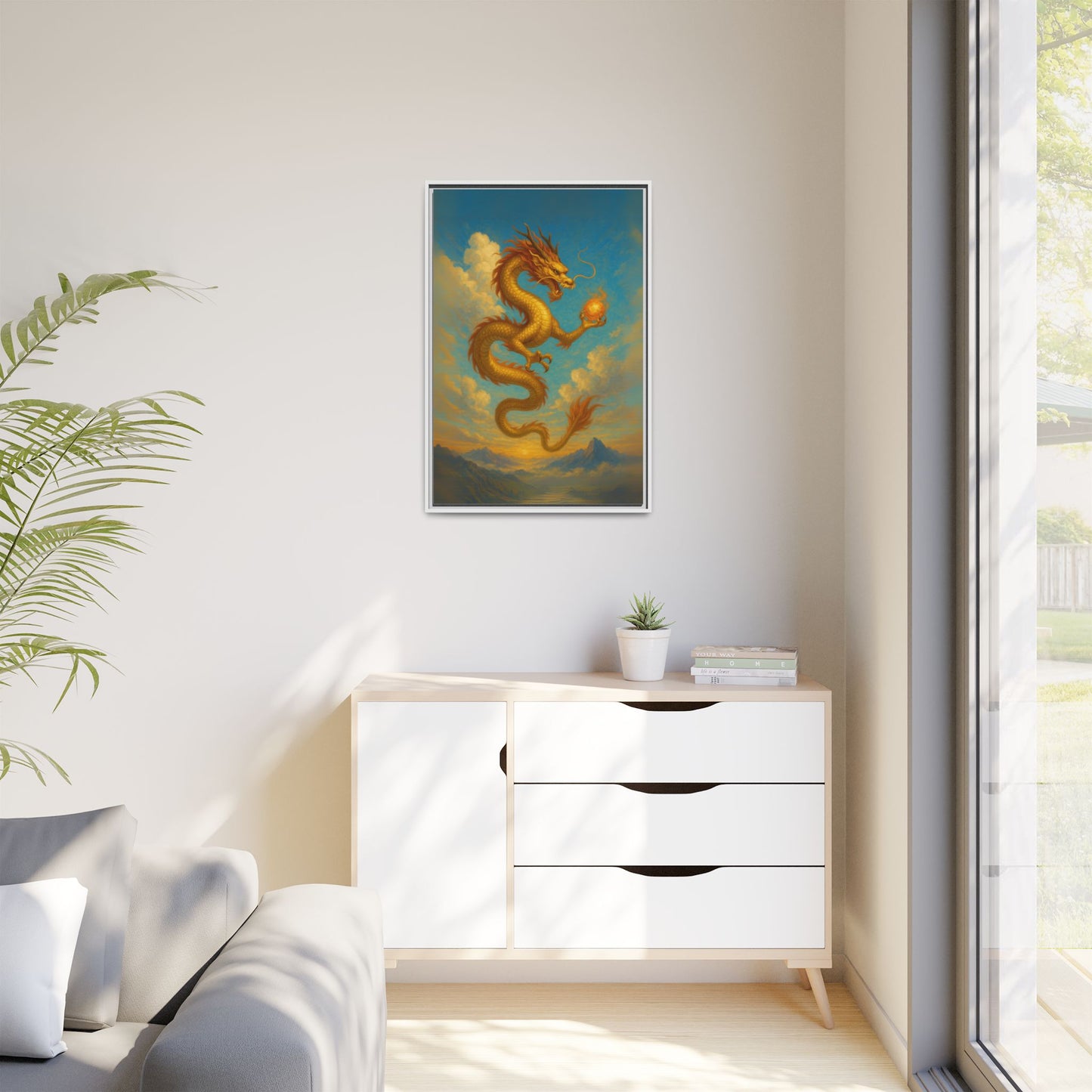 Golden Dragon Canvas Feng Shui Wall Art Asian Myth Painting Sky Cloud Mountain Good Luck Decor Gift for Dad Living Room Office