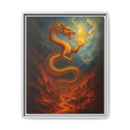 Golden Dragon Canvas Feng Shui Wall Art Asian Myth Painting Fire and Cloud Temple Inspired Good Luck Decor Gift for Dad