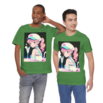 Retro Girl and Cat T Shirt Vaporwave Pastel Anime Shoujo Graphic Tee Neon Cocktail Aesthetic Kawaii Gift for Daughter or Dad Casual Streetwear