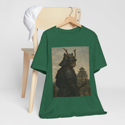 Cat Samurai Vigil Tee | Armored Feline Warrior w/ Castle Backdrop | Japanese Art Unisex Shirt