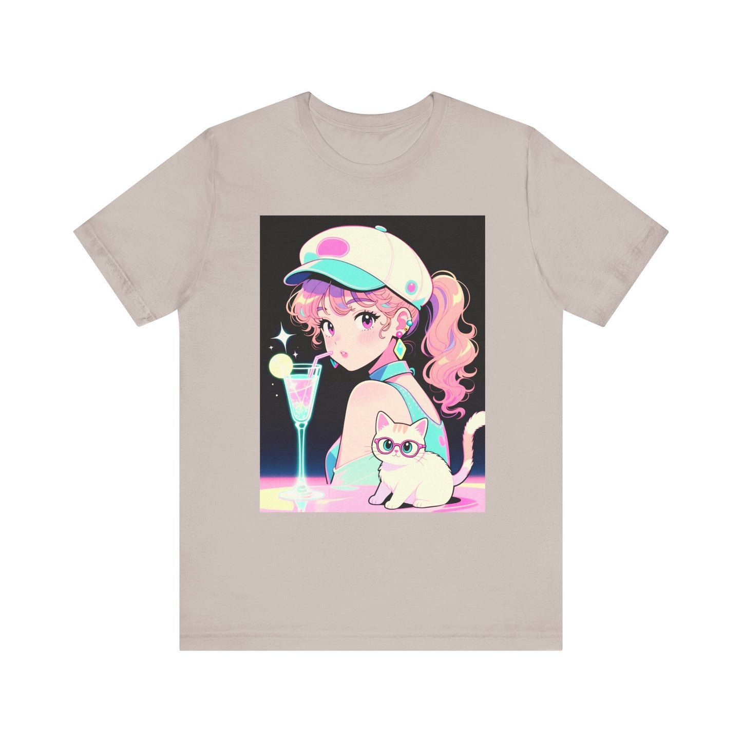 Retro Girl and Cat T Shirt Vaporwave Pastel Anime Shoujo Graphic Tee Neon Cocktail Aesthetic Kawaii Gift for Daughter or Dad Casual Streetwear