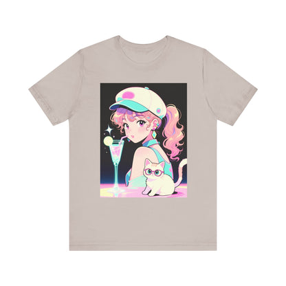 Retro Girl and Cat T Shirt Vaporwave Pastel Anime Shoujo Graphic Tee Neon Cocktail Aesthetic Kawaii Gift for Daughter or Dad Casual Streetwear
