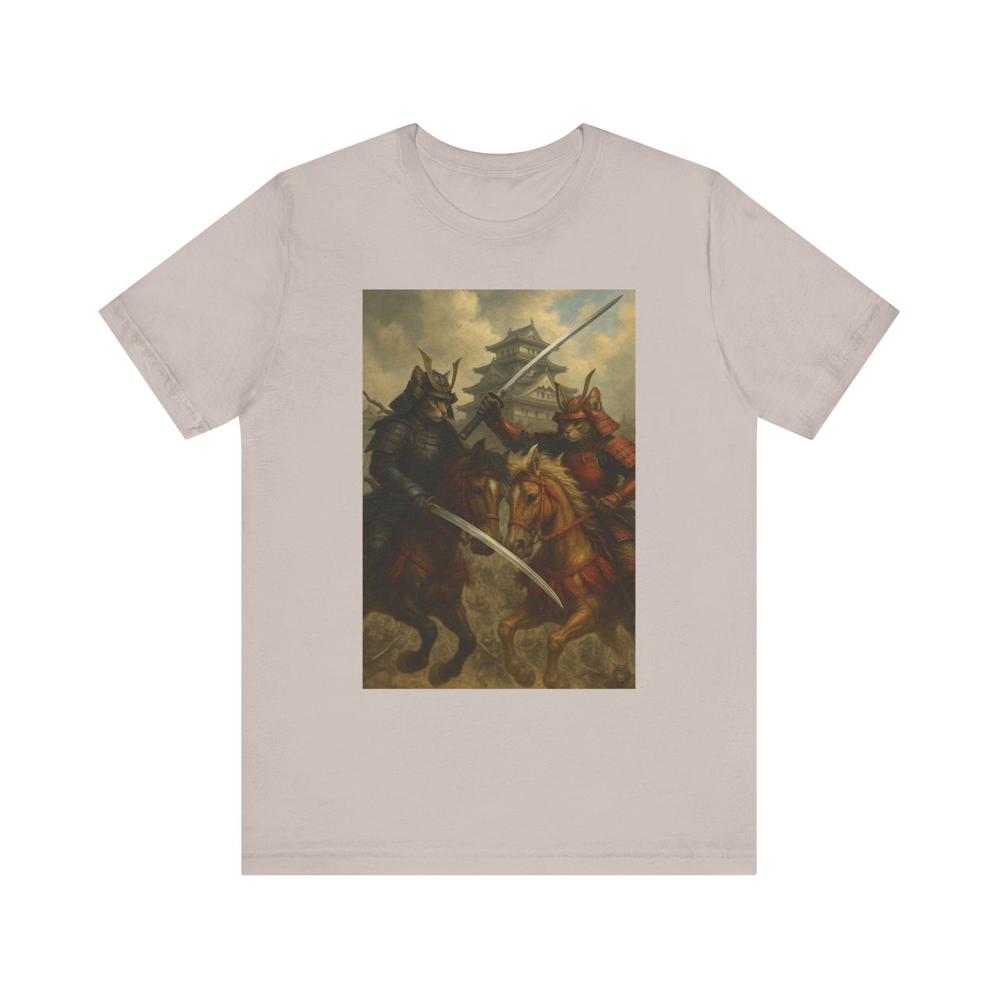 Epic Cat Samurai Battle Tee - War Horses Clash in Front of Japanese Castle  Feline Warrior Art Shirt for Fantasy & Japan Lovers