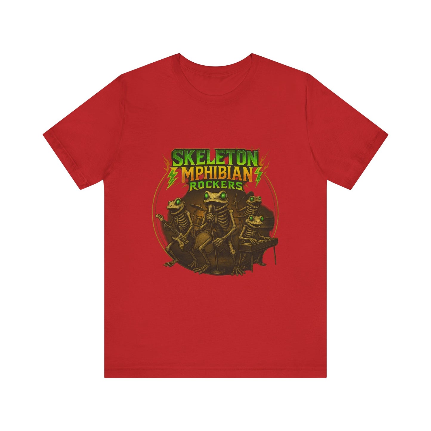 Skeleton Amphibian Rockers Album Cover Tee - Green Eyed Skeleton Frog Band Vocal Guitar Piano Drums Rock Art Shirt