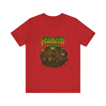 Skeleton Amphibian Rockers Album Cover Tee - Green Eyed Skeleton Frog Band Vocal Guitar Piano Drums Rock Art Shirt