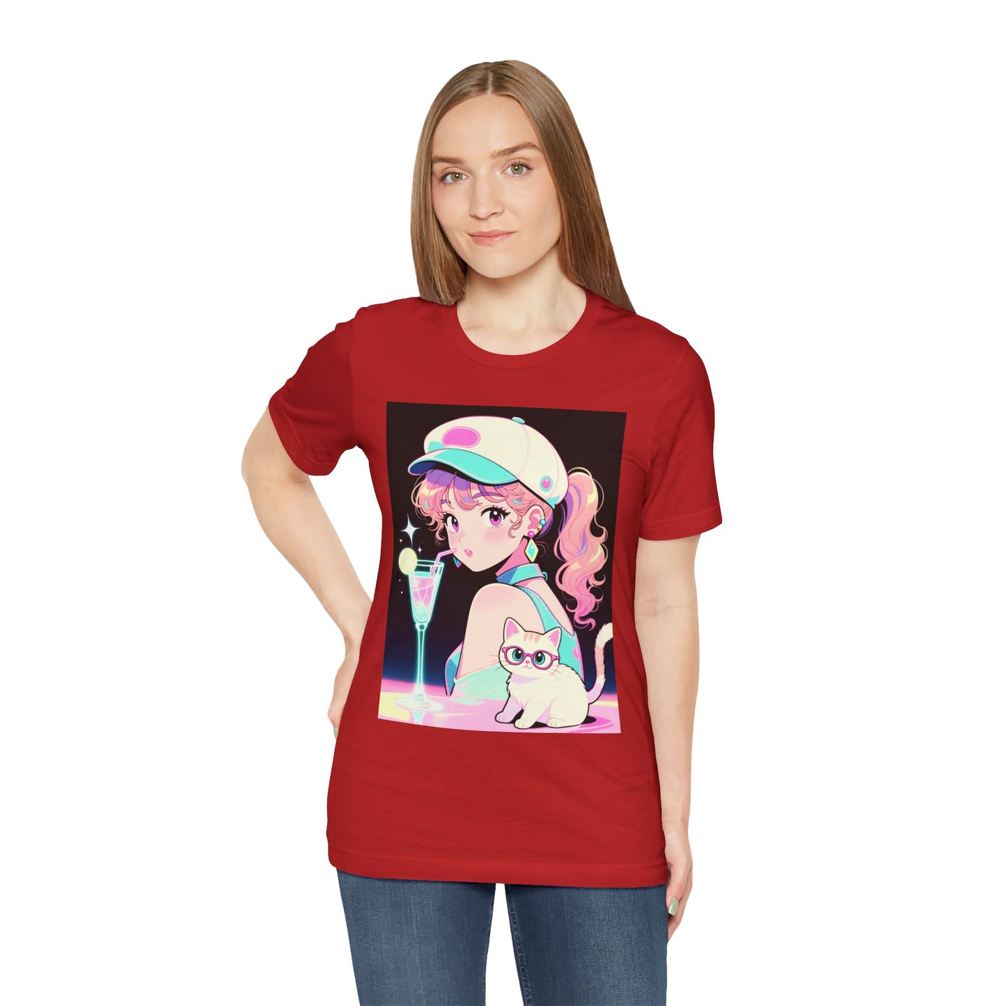 Retro Girl and Cat T Shirt Vaporwave Pastel Anime Shoujo Graphic Tee Neon Cocktail Aesthetic Kawaii Gift for Daughter or Dad Casual Streetwear