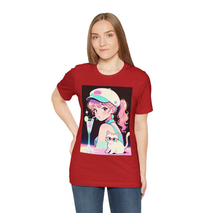 Retro Girl and Cat T Shirt Vaporwave Pastel Anime Shoujo Graphic Tee Neon Cocktail Aesthetic Kawaii Gift for Daughter or Dad Casual Streetwear