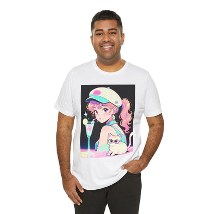 Retro Girl and Cat T Shirt Vaporwave Pastel Anime Shoujo Graphic Tee Neon Cocktail Aesthetic Kawaii Gift for Daughter or Dad Casual Streetwear