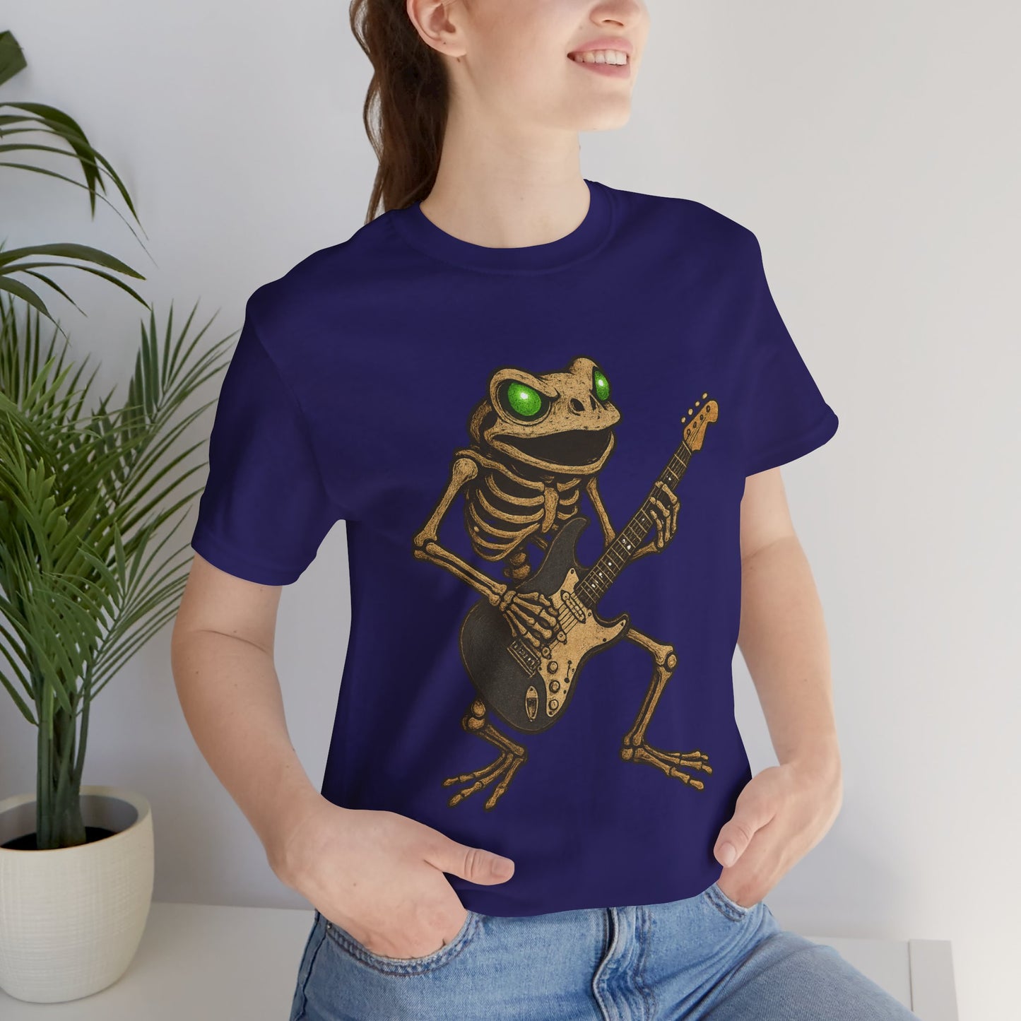 Skeleton Frog Shredding Electric Guitar Tee - Glowing Green Eyes Rock Art Shirt for Musicians Frog Lovers and Gothic Punk Style