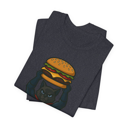 Superhero Cat Holding Cheeseburger T-Shirt - Funny Comic Style Tee for Burger Lovers - Unique Hero Cat Graphic Shirt - Unisex Gift